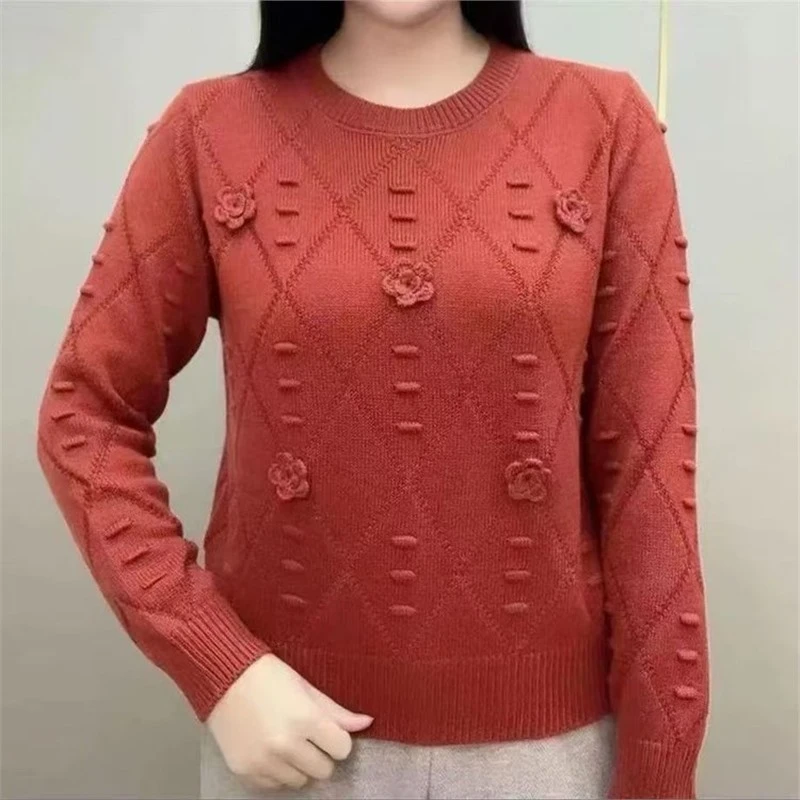 秋冬时尚女士针织衫网红百搭宽松长袖圆领加厚打底衫毛衣中老年女