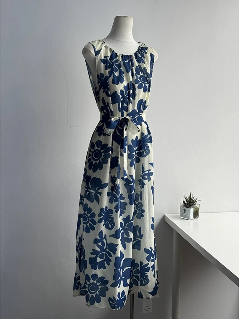【珊珊严选】新款印花春季常规休闲风连衣裙优雅蓝色25953