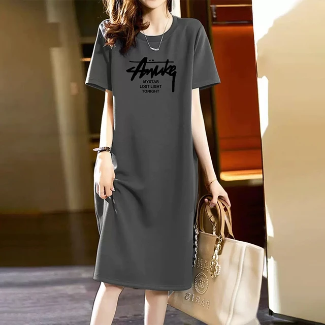 夏装10个月大码短袖连衣裙女韩版新款宽松t恤裙时尚开叉裙夏季