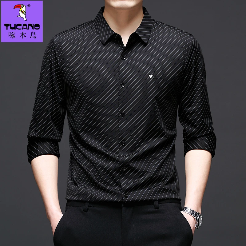 啄木鸟男装长袖衬衫条纹春秋男士上衣弹力抗皱修身时尚薄款中年