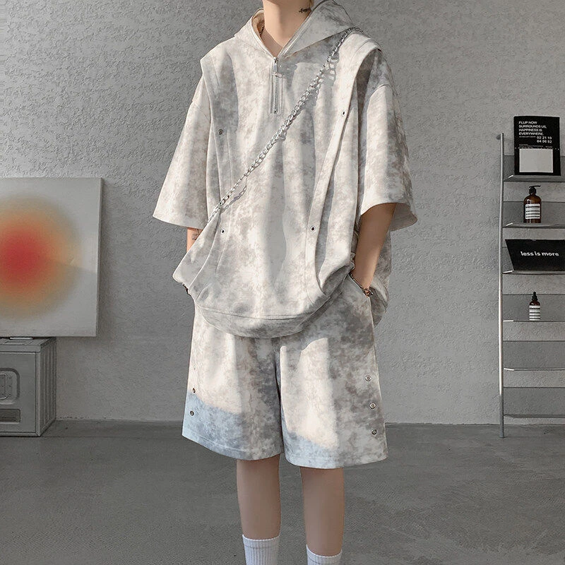 扎染短袖t恤套装男生酷帅穿搭一整套大码男装两件套夏季潮牌短裤
