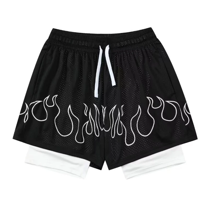 火焰运动篮球短裤假两件男女棉花糖不过膝美式训练网眼透气四分裤