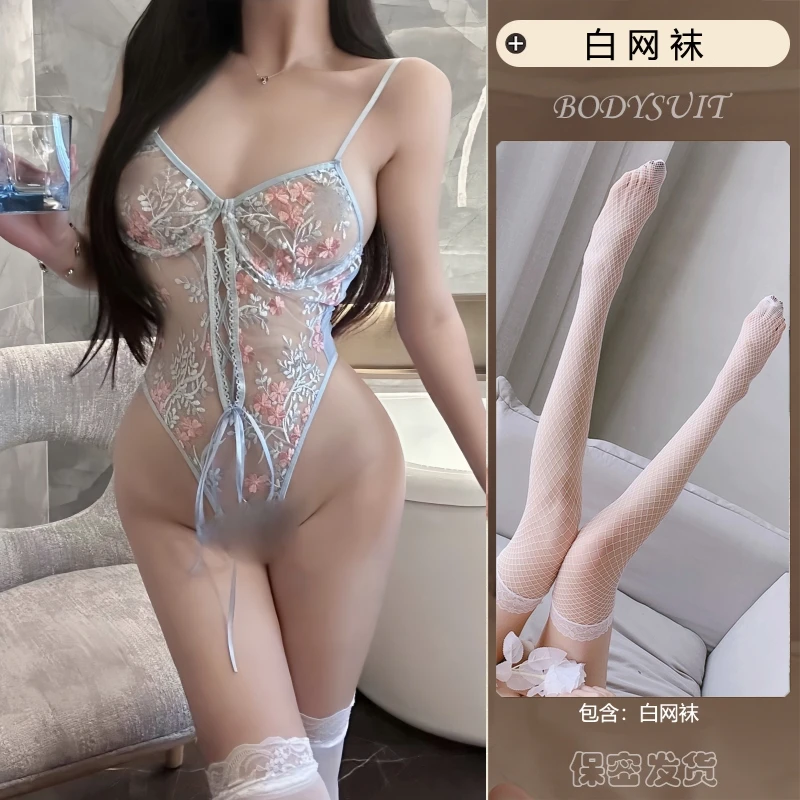 曼欲碎花性感法式网纱刺绣连体衣又白又嫩情趣内衣女纯欲套装