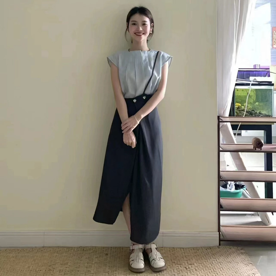 复古高端套装裙夏季新款法式无袖褶皱上衣别致半身裙时尚两件套女