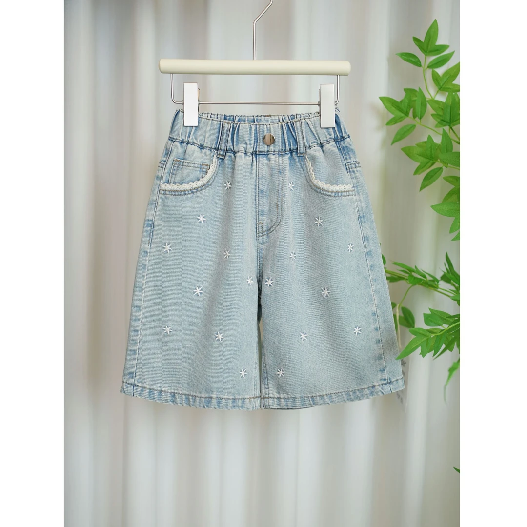 女童夏季牛仔裤2025夏季新款裤前刺绣款中大童百搭牛仔五分裤A063