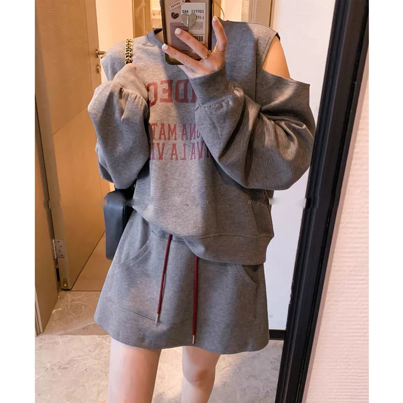 套装 2025春季新款长袖露肩上衣法式时尚气质短裙两件套装女 8171