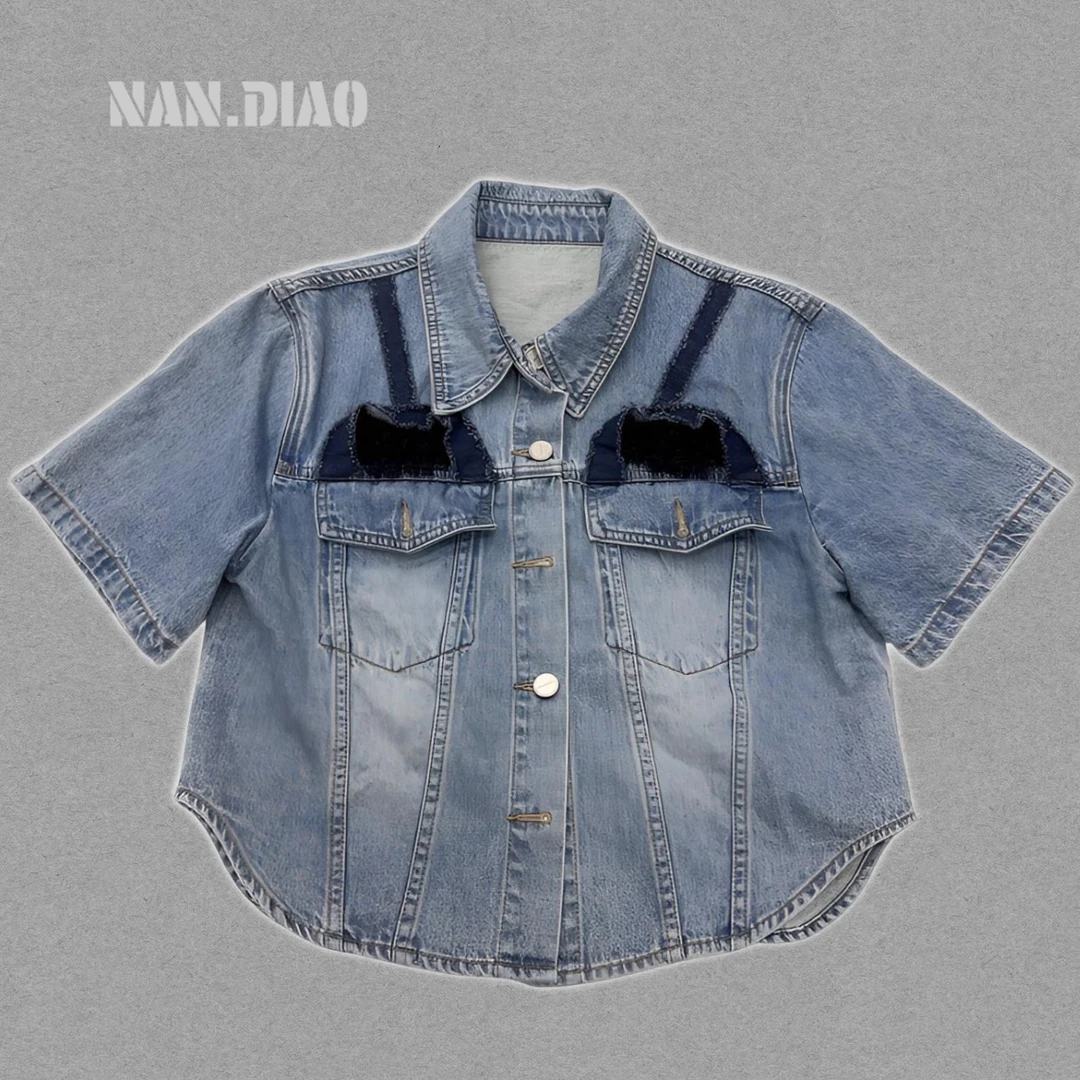 NAN·DIAO新品翻领单排扣蕾丝拼接牛仔外套