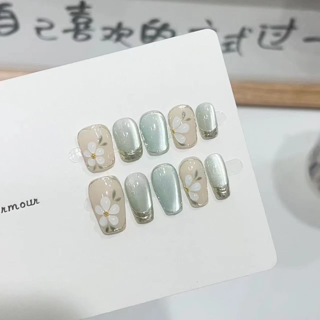 纯手工穿戴甲夏季青色魔镜粉光疗甲高级感美甲穿戴甲