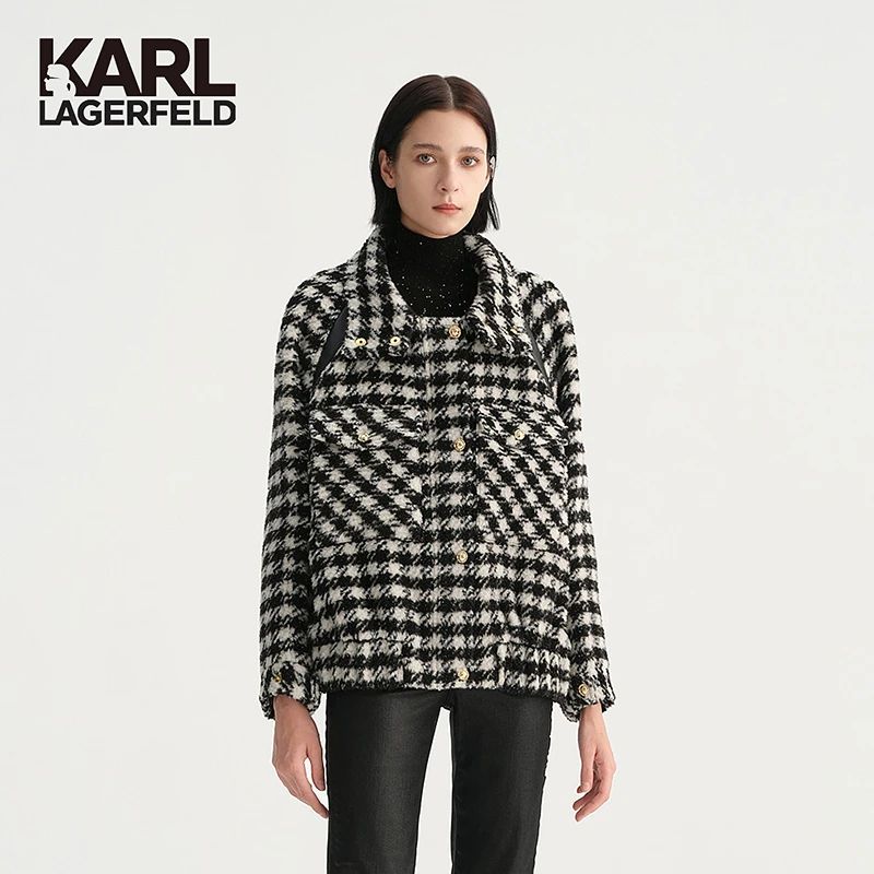 【星线好物】KARL LAGERFELD新款千鸟格高领拼接外套老佛爷E37W1543