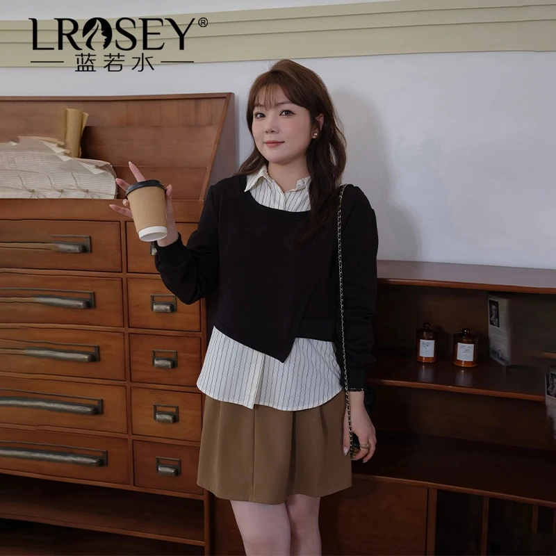 【胖MM遮肚子显瘦拼接条纹假两件】蓝若水大码女装设计感上衣85822