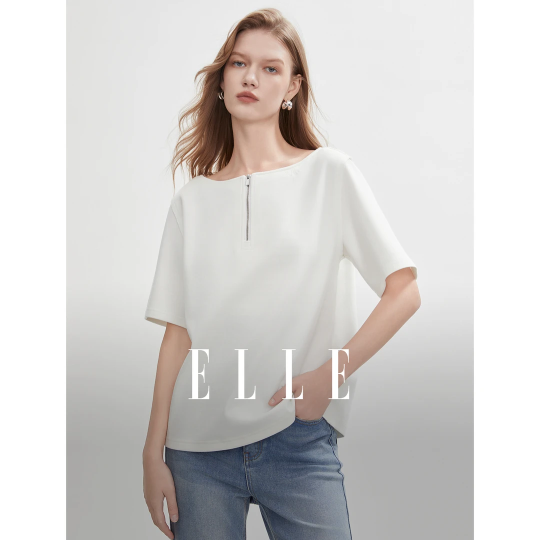 ELLE法式一字领设计感宽松t恤短袖女2025夏季新款休闲拉链ET51058
