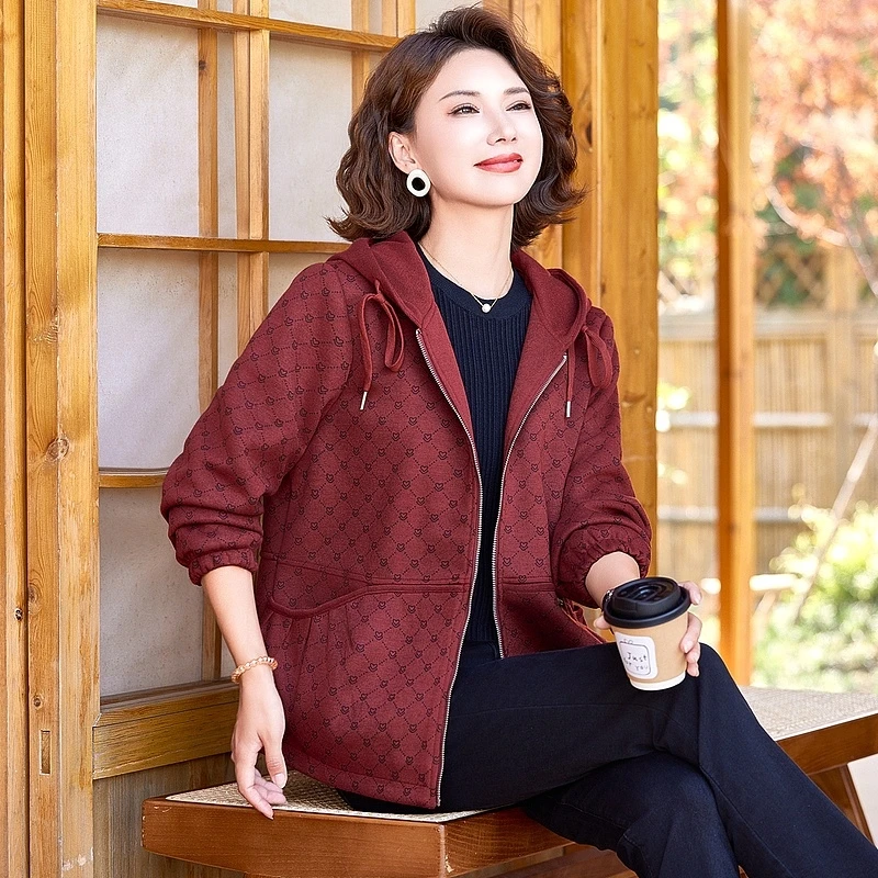 妈妈秋装外套新款时尚连帽上衣50岁中老年妇女春秋款洋气休闲夹克