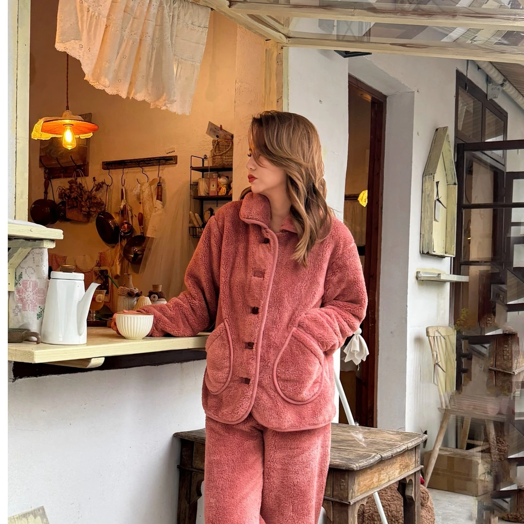 双面baby绒睡衣可外穿加绒加厚情侣休闲宽松家居服套装秋冬天