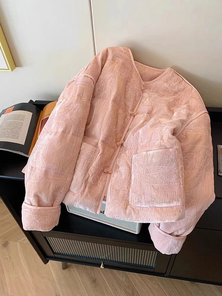 粉色重工提花棉服女冬季大码胖mm气质温柔新中式保暖棉衣外套
