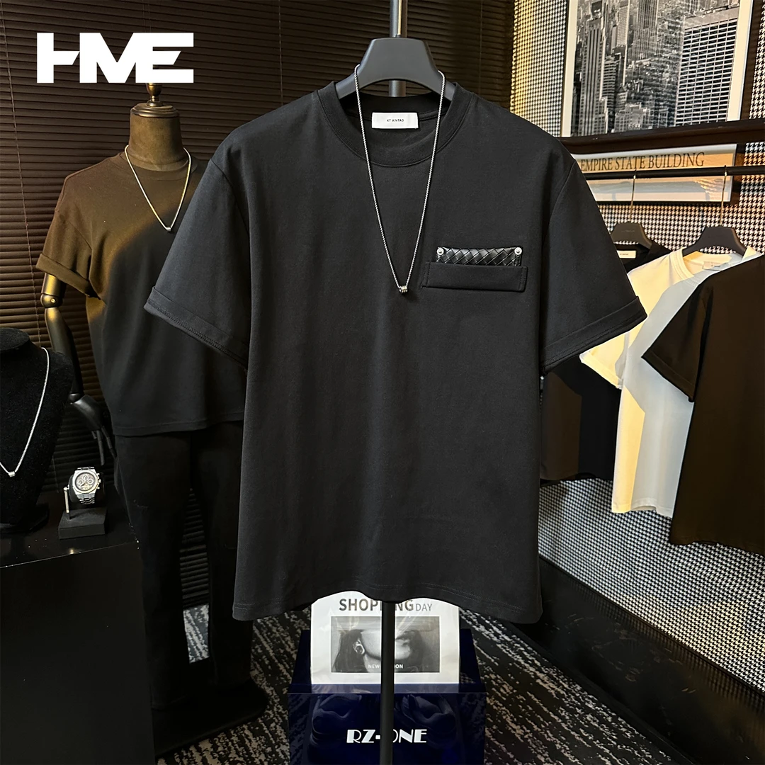 【HMEYAO】夏季高定拼贴皮标设计上衣重磅百搭半袖圆领短袖T恤