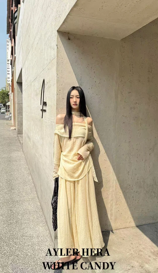 赫拉-福利（ZZHL7308#）氛围感拉满！带飘带一字肩长袖T恤  6-3