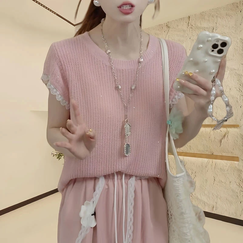 镂空蕾丝边小飞袖冰丝针织衫女夏季薄款显瘦独特超好看多巴胺上衣