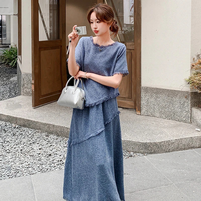 蓝色流苏短袖上衣半身裙套装女2025夏季新款超火流行高级感两件套