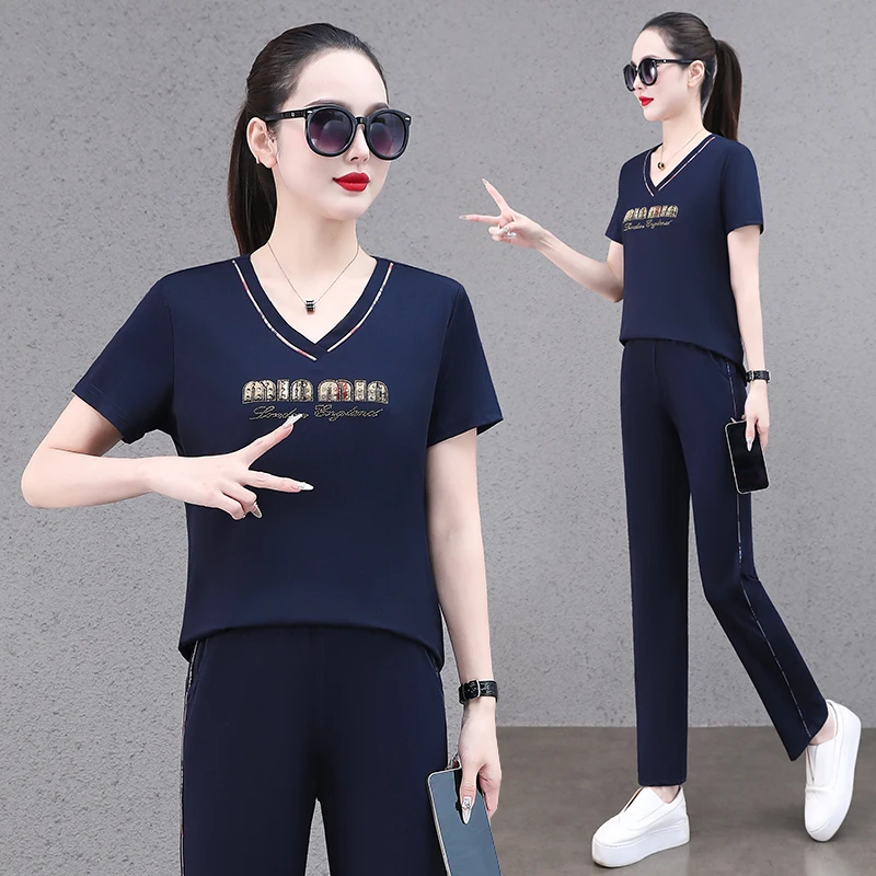 恩狐新款2025夏季时尚套装韩版修身显瘦V领短袖休闲运动两件套