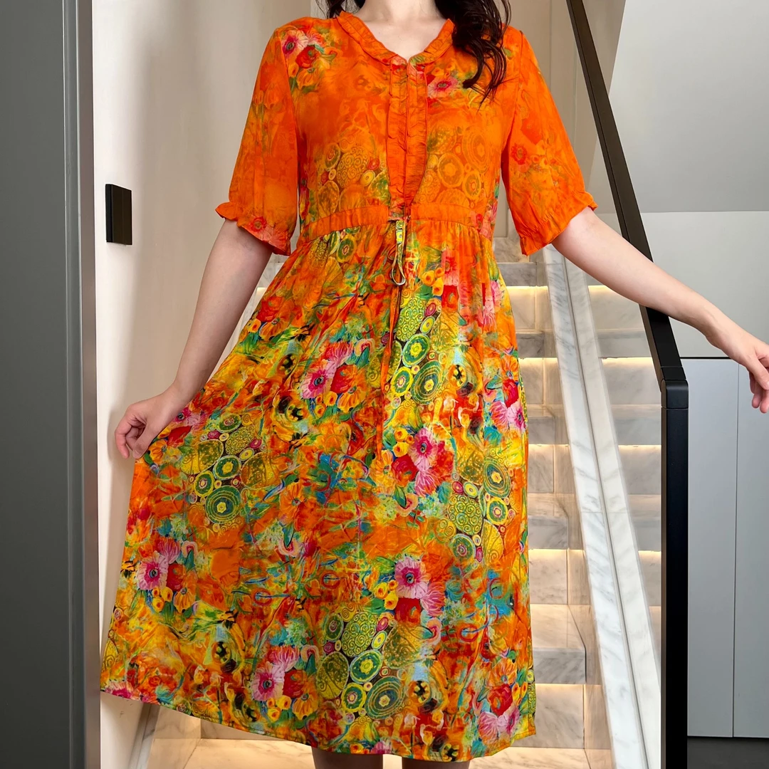 2025夏季双绉印花V领木耳边带抽绳连衣裙显瘦长款收腰大码女装