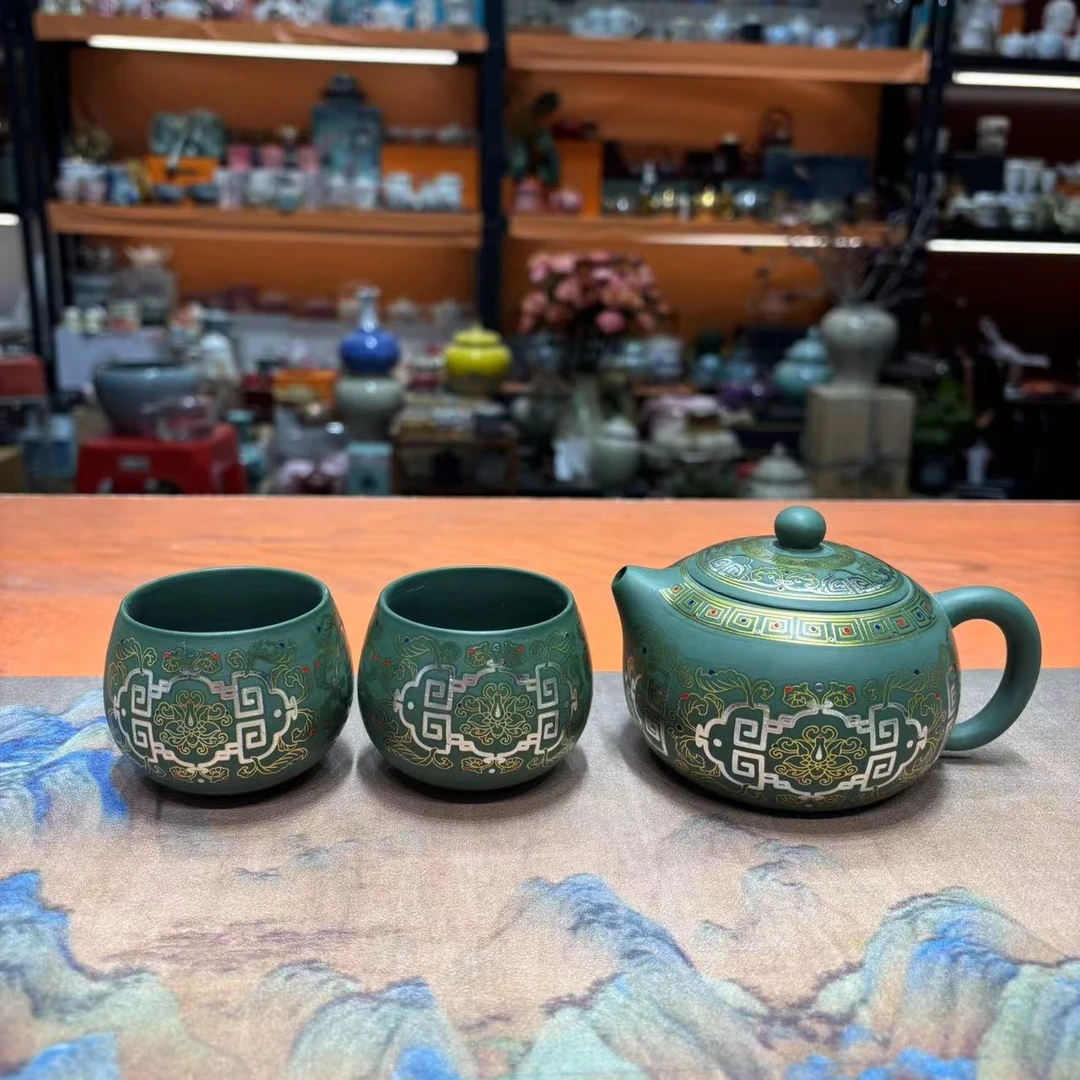 友名 绿泥紫砂敦煌凤鸣西施壶一壶两杯小套装送礼功夫茶具-5610