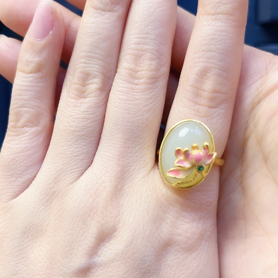 和田玉银S925镀金镶嵌戒指