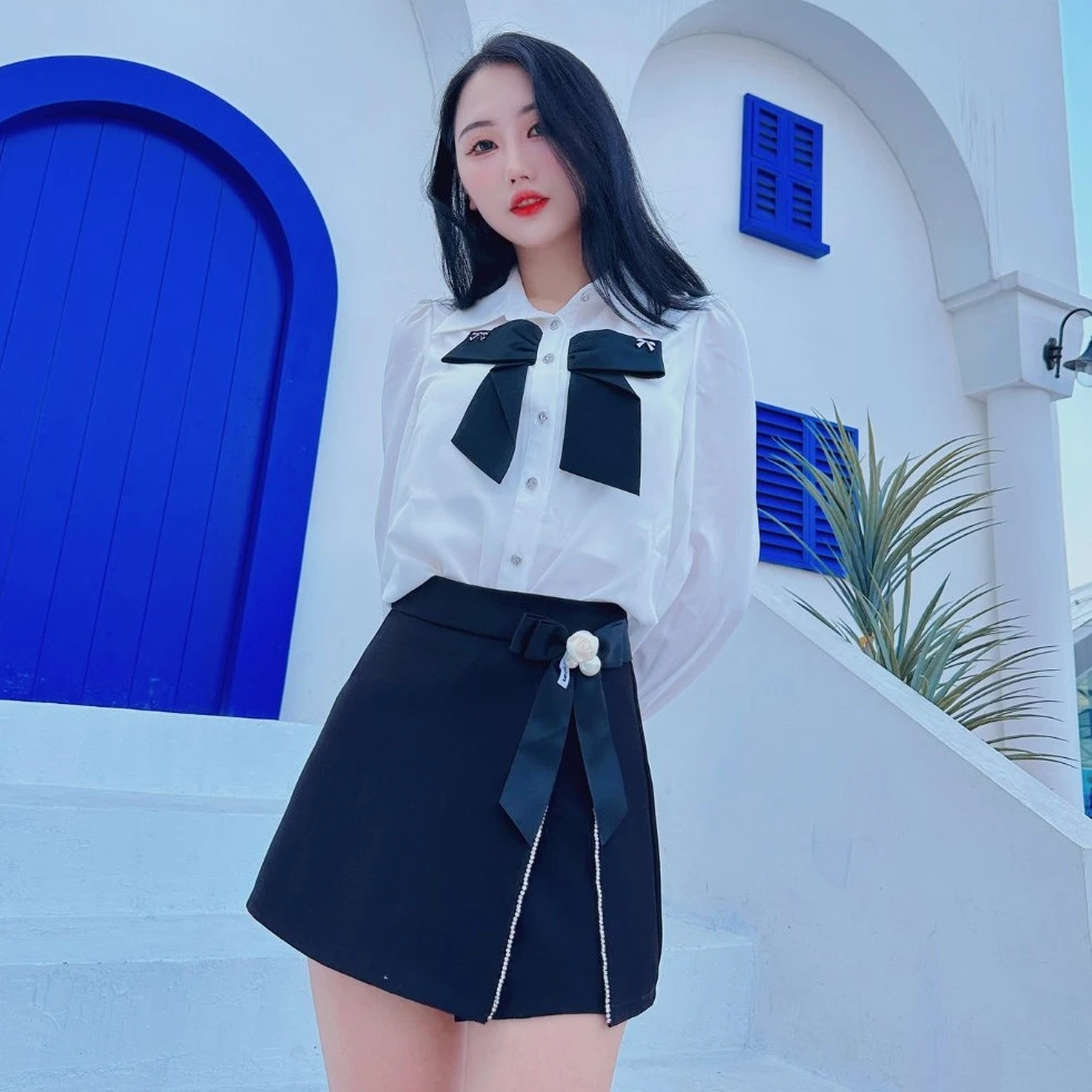 蝴蝶结开叉链条高腰宽松半身裙2024夏季新款街头短款A字显瘦短裙