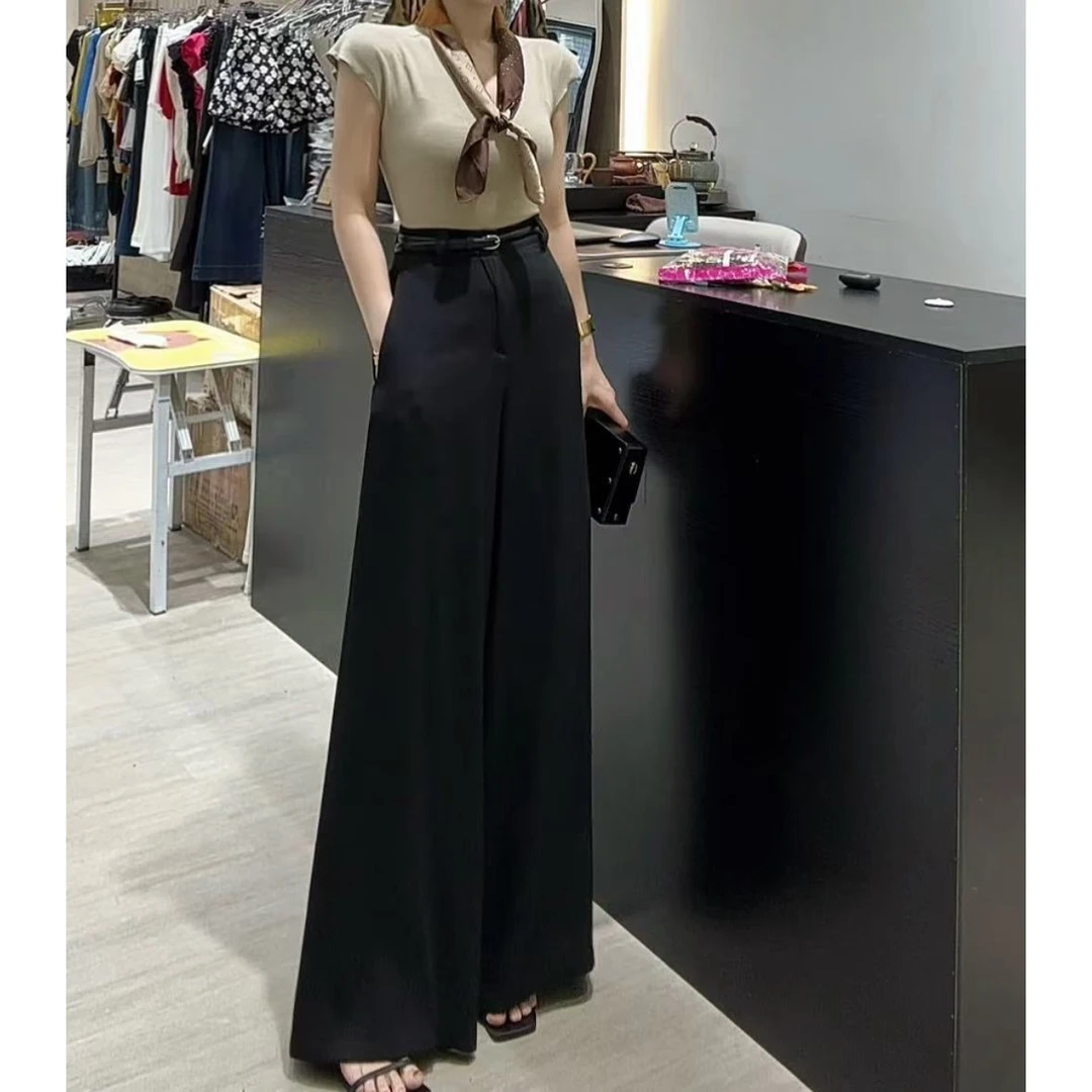 【Wan wan】亚麻黑色高腰阔腿西装裤