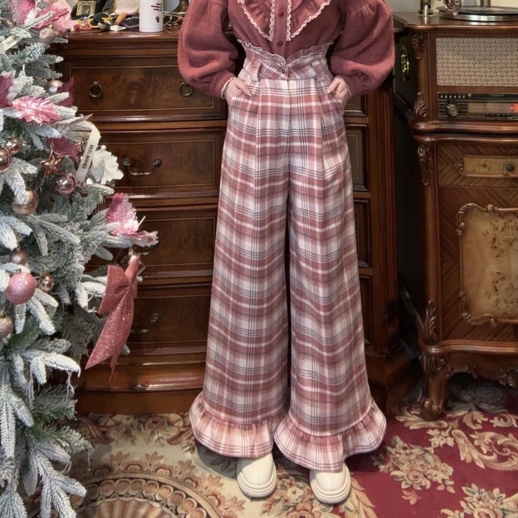 专场现货【一生罗曼】复古秋冬季新款高腰裤休闲格纹阔腿长裤K520