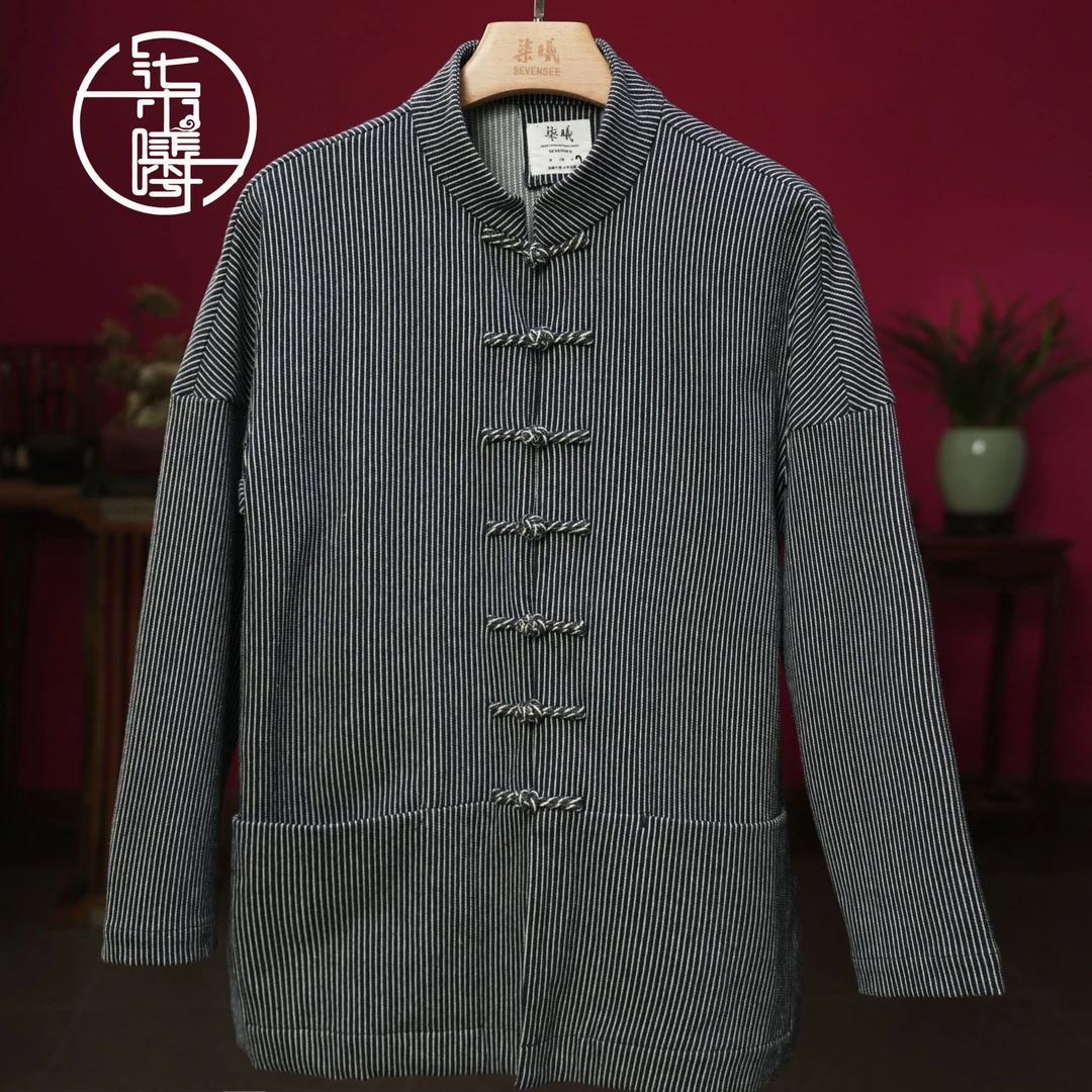 中国风夹克牛仔休闲立领唐装外套盘扣时尚条纹拼接新中式男装冬装