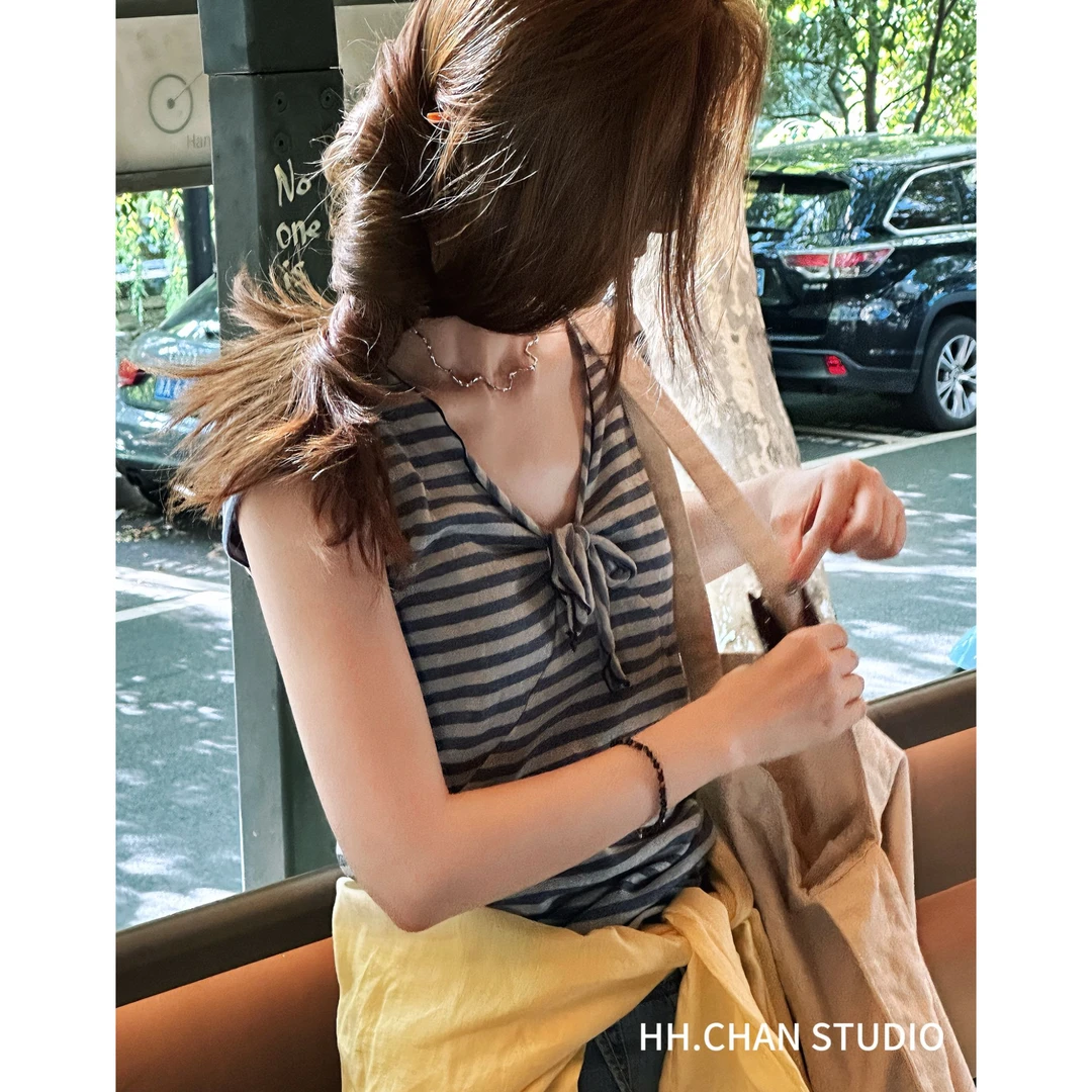 HH.CHAN“少女心事”定制棉混纺RL中古蝴蝶结条纹小上衣HH52E37615