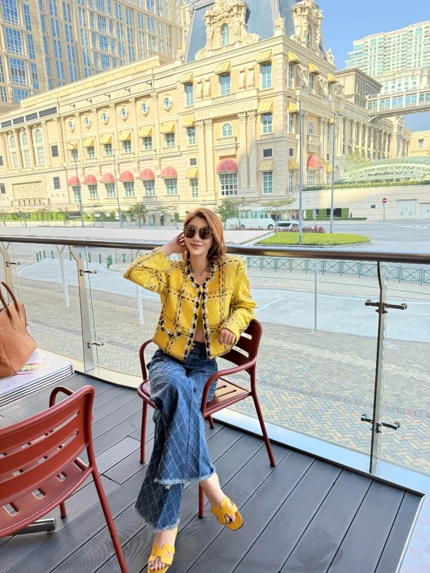 【粥粥高级定制】菱格纹理百搭显瘦直筒牛仔裤