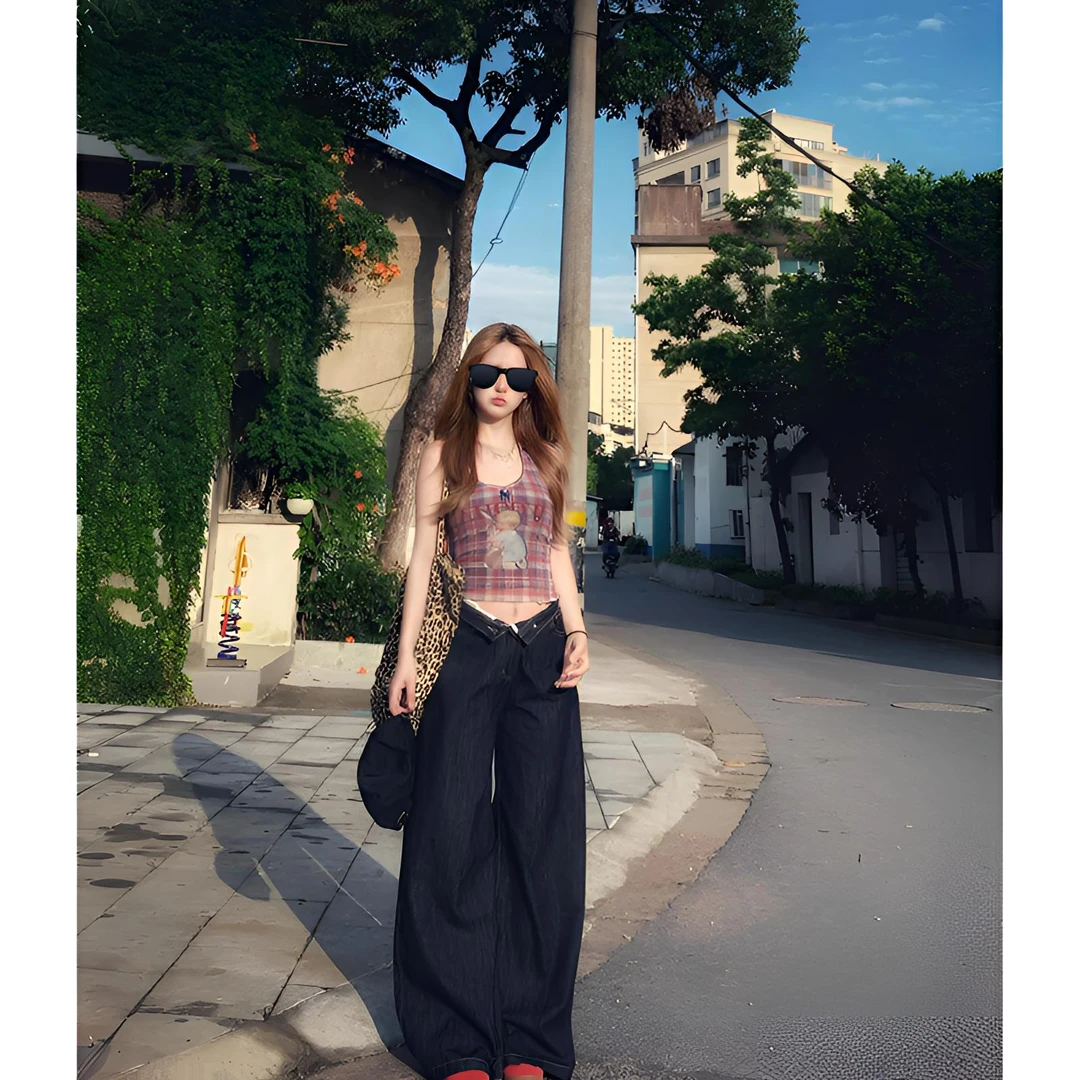 美式复古格纹挂脖吊带背心少女感夏季设计感卡通印花修身短款上衣