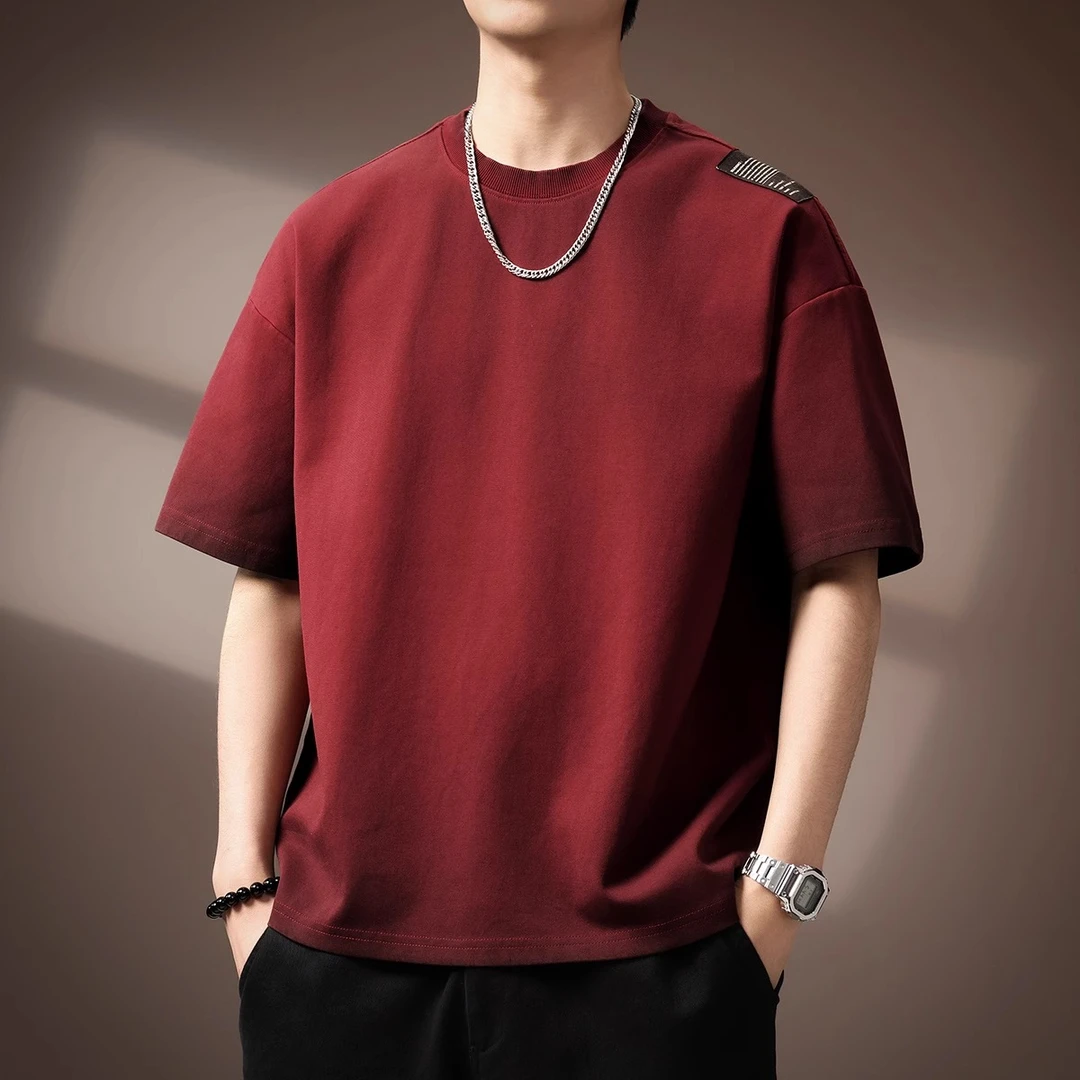 高端美式重磅简约T恤男夏季潮牌宽松大码短袖圆领休闲洗水体恤男