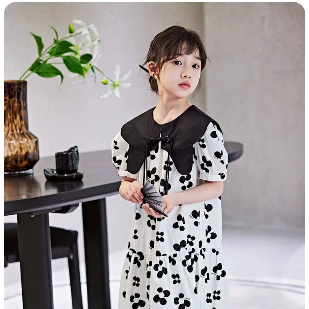 淘气童装女童夏季短袖连衣裙2025新款新中式女孩娃娃领公主裙