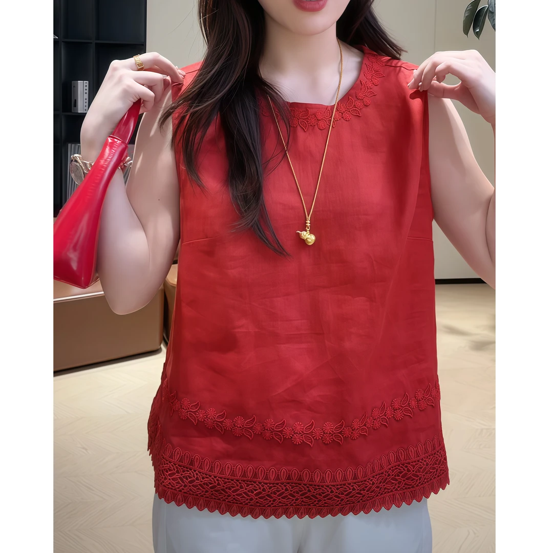 时尚通勤刺绣花边圆领无袖宽松百搭上衣中国风2025设计感上衣简约
