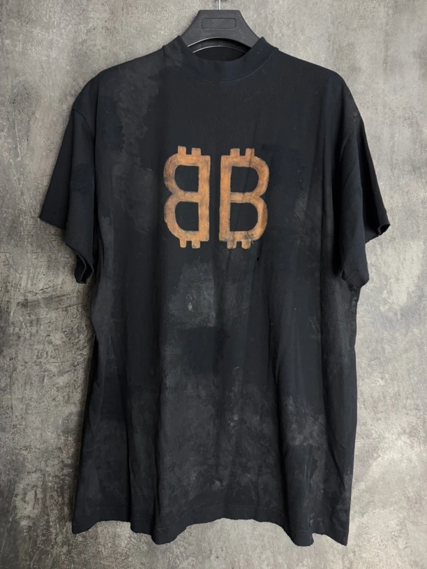 全新未使用 Balenciaga/巴黎世家 泥染做旧比特币BB短袖