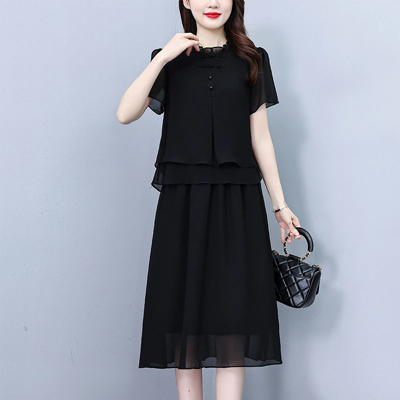 轻奢黑色高档假两件连衣裙洋气减龄女2025夏季新款显瘦中长款裙子