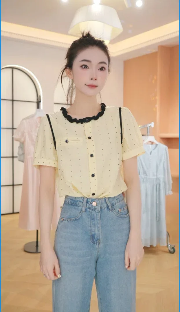 F2907夏季新款木耳领波点短袖衬衫女百搭显瘦大码薄款气质上衣