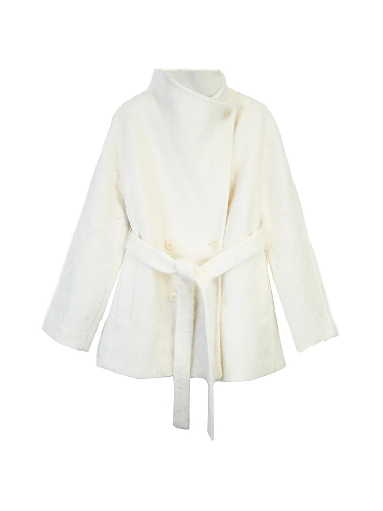 LRL【陌上归客】长款直下摆女扎染女装冬季白色毛呢外套短款朋克风