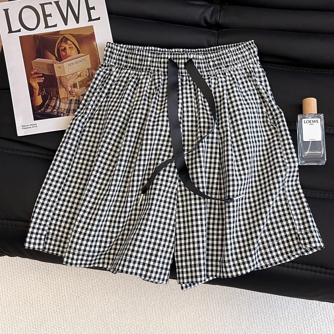 黑白格子抽绳松紧休闲短裤女2025夏季新款时尚百搭高腰阔腿热裤