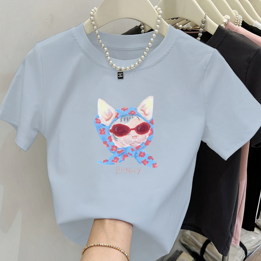 2025新款圆领戴帽子的小猫印花纯棉短袖小个子女修身显瘦百搭上衣