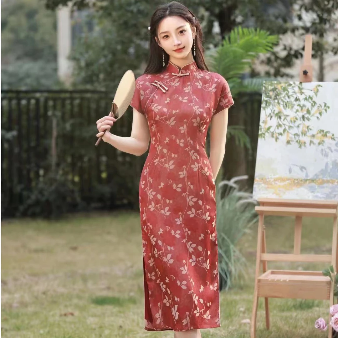 #C-砖红色春夏新品改良中长款优雅旗袍