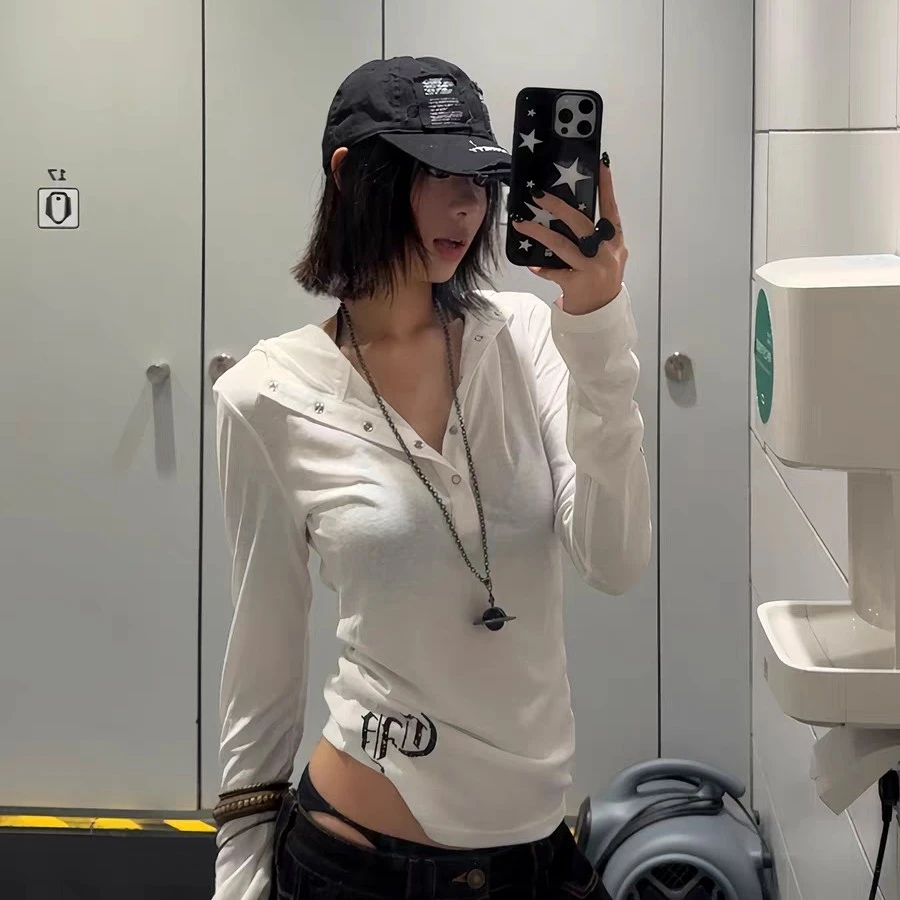 「涵涵家」美式复古印花长袖防晒连帽哥特风修身显瘦长袖T恤#6003