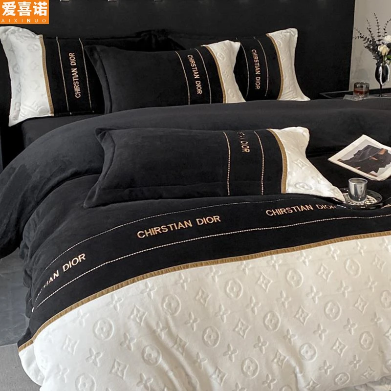 冬季轻奢牛奶绒四件套珊瑚绒黑色床单被套高级感刺绣毛绒床上被罩