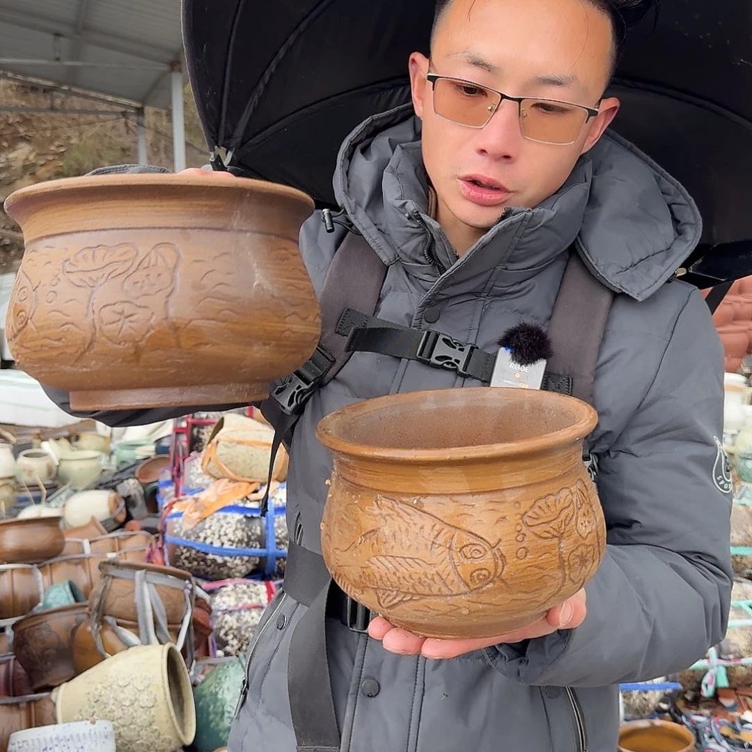 紫砂花盆口18高14.5（两个柴烧年年有余