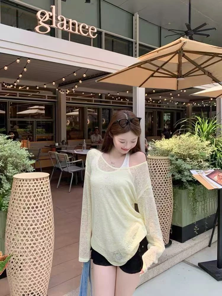 【晨浠定制】露背交叉蕾丝圆领长袖罩衫防晒上衣2952