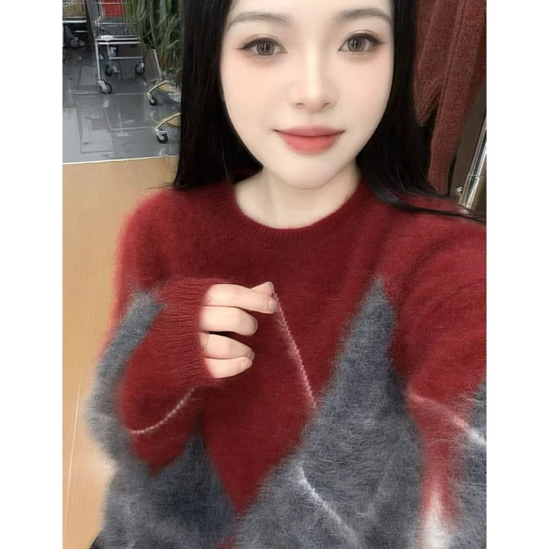 丽姐家~大角羊菱格针织时尚百搭宽松加厚圆领秋冬上衣