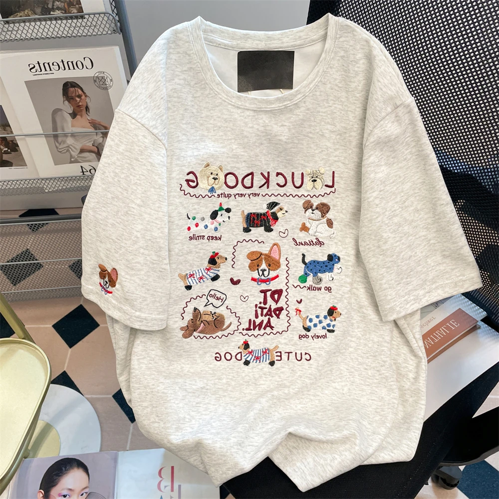 2025超火减龄小狗刺绣短袖T恤衫男女夏季宽松慵懒风纯棉情侣上衣
