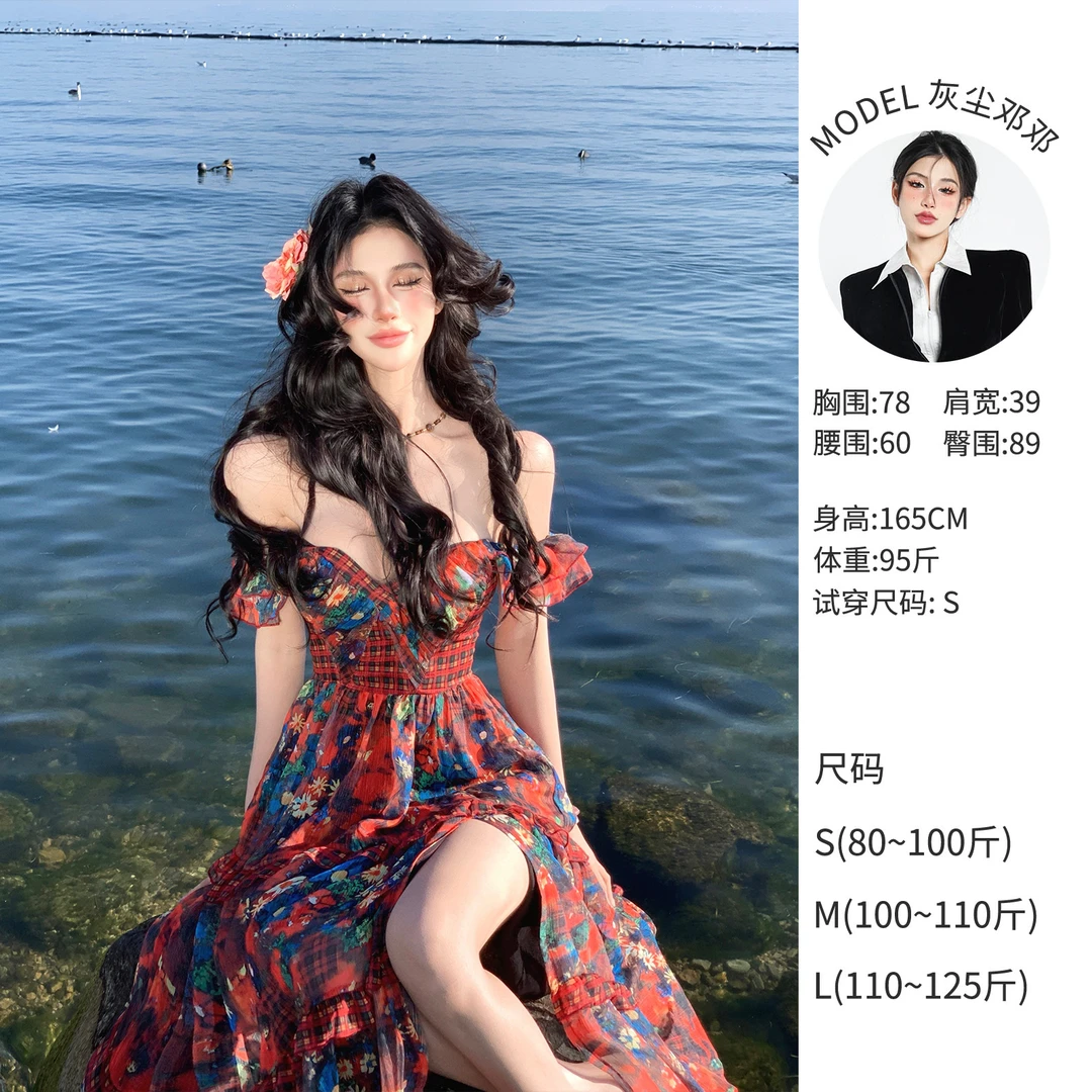 灰尘邓邓 法式复古V领碎花长裙度假裙D25Q0418